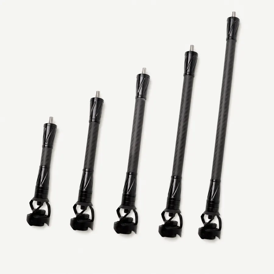 All five lengths of the SteadyDraw carbon bow stabilizer, from 6 to 15 inches